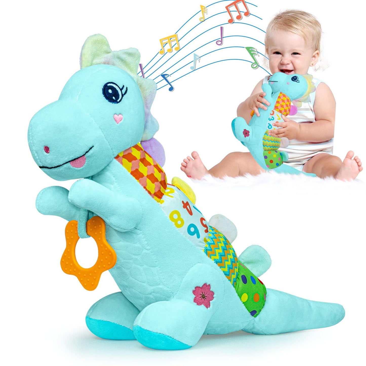 Ryotagift Baby Dino Musical Stuffed Toy – 5-in-1 Teether, Crinkle & Rattle for 0-12 Months (Blue)