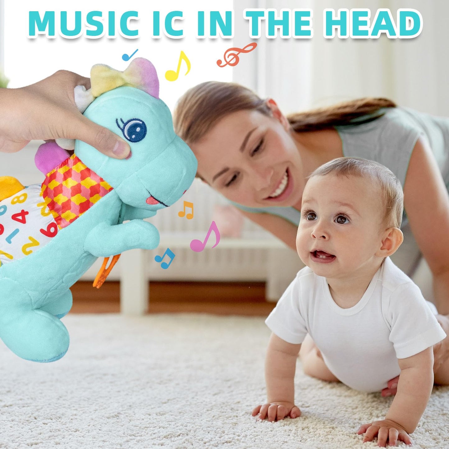 Ryotagift Baby Dino Musical Stuffed Toy – 5-in-1 Teether, Crinkle & Rattle for 0-12 Months (Blue)