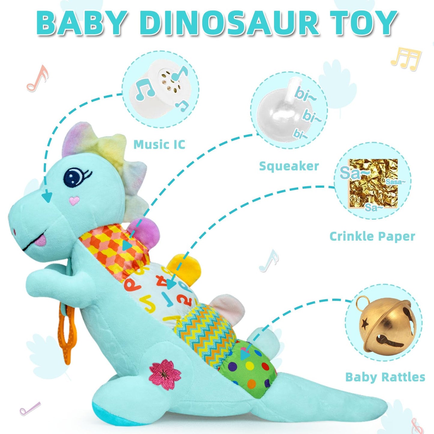Ryotagift Baby Dino Musical Stuffed Toy – 5-in-1 Teether, Crinkle & Rattle for 0-12 Months (Blue)