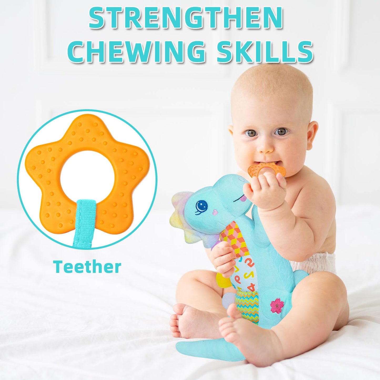 Ryotagift Baby Dino Musical Stuffed Toy – 5-in-1 Teether, Crinkle & Rattle for 0-12 Months (Blue)