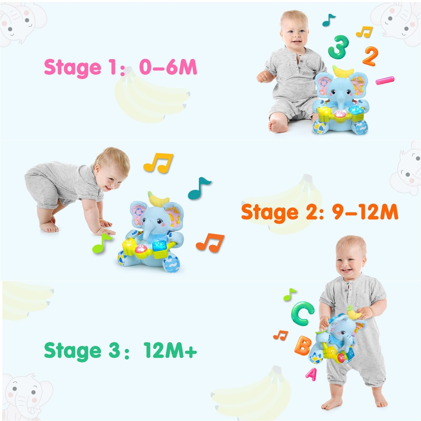 Ryotagift Baby Bilingual Musical Elephant Toy – Light-Up Music, Tummy Time & 0–18 Months
