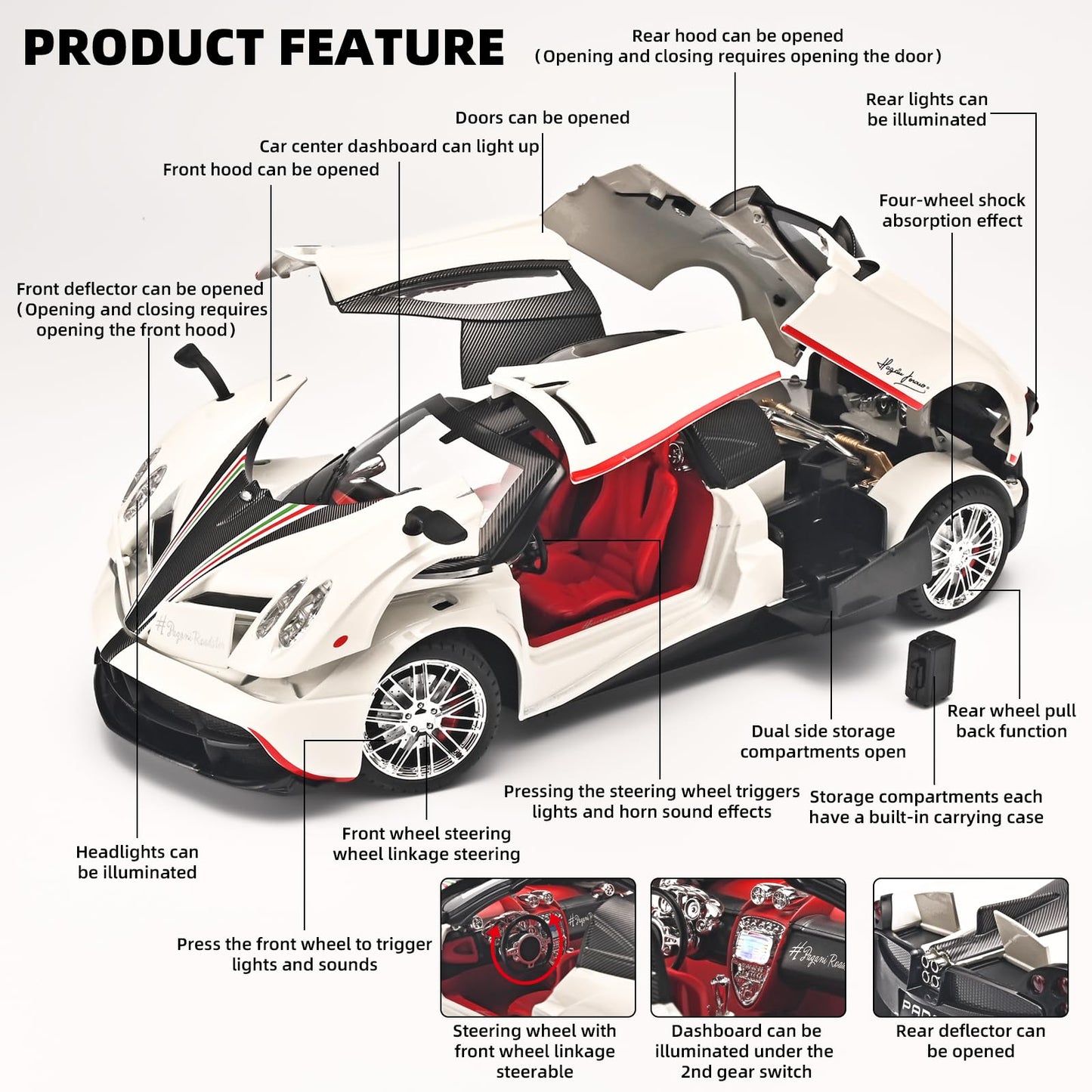 RZAPE Pagani Huayra Dinastia 1:18 Diecast Car – Light & Sound, Pull-Back, White