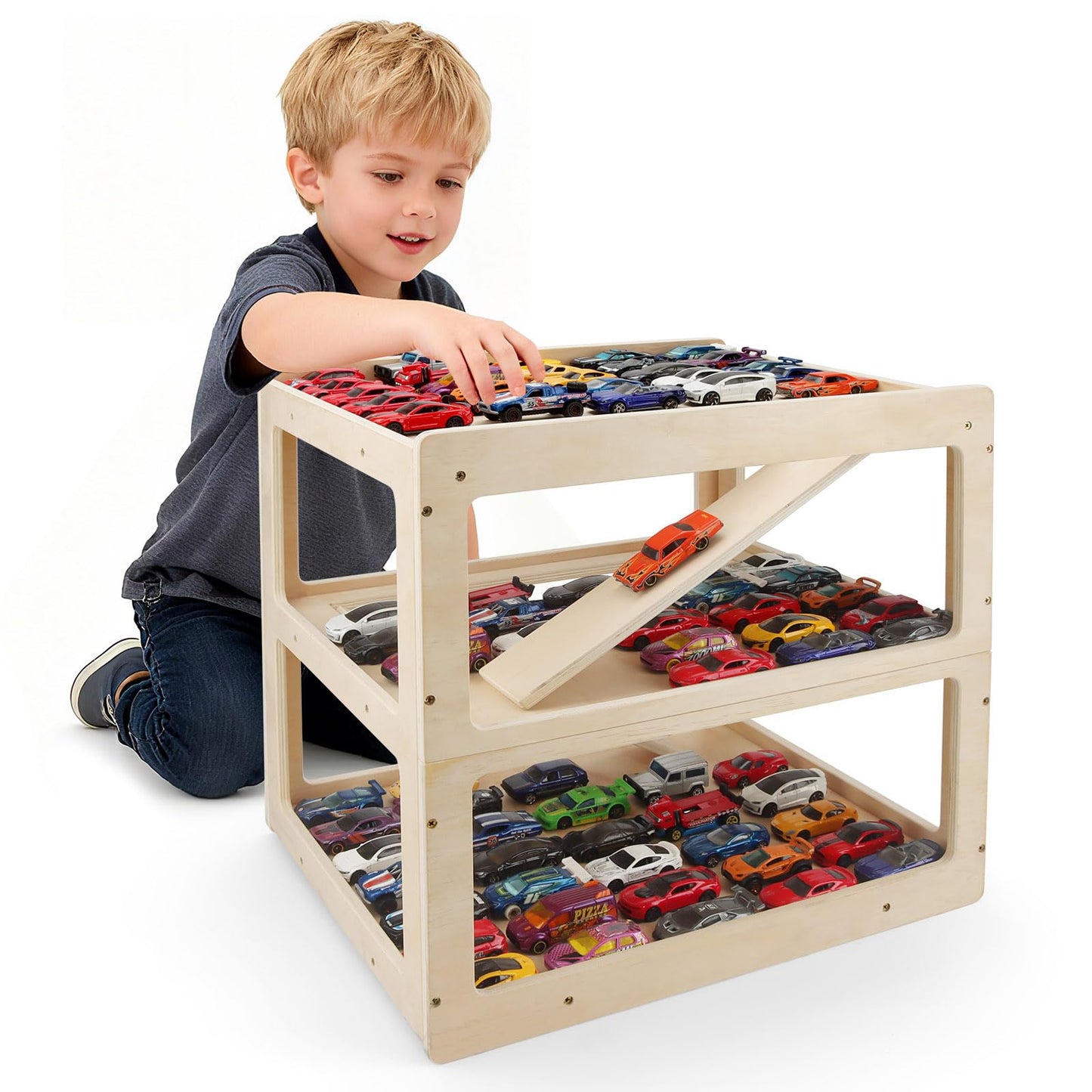 RZYLKA 3-Tier Wooden Display Case for Hot Wheels, Matchbox & 1/64 Diecast Cars