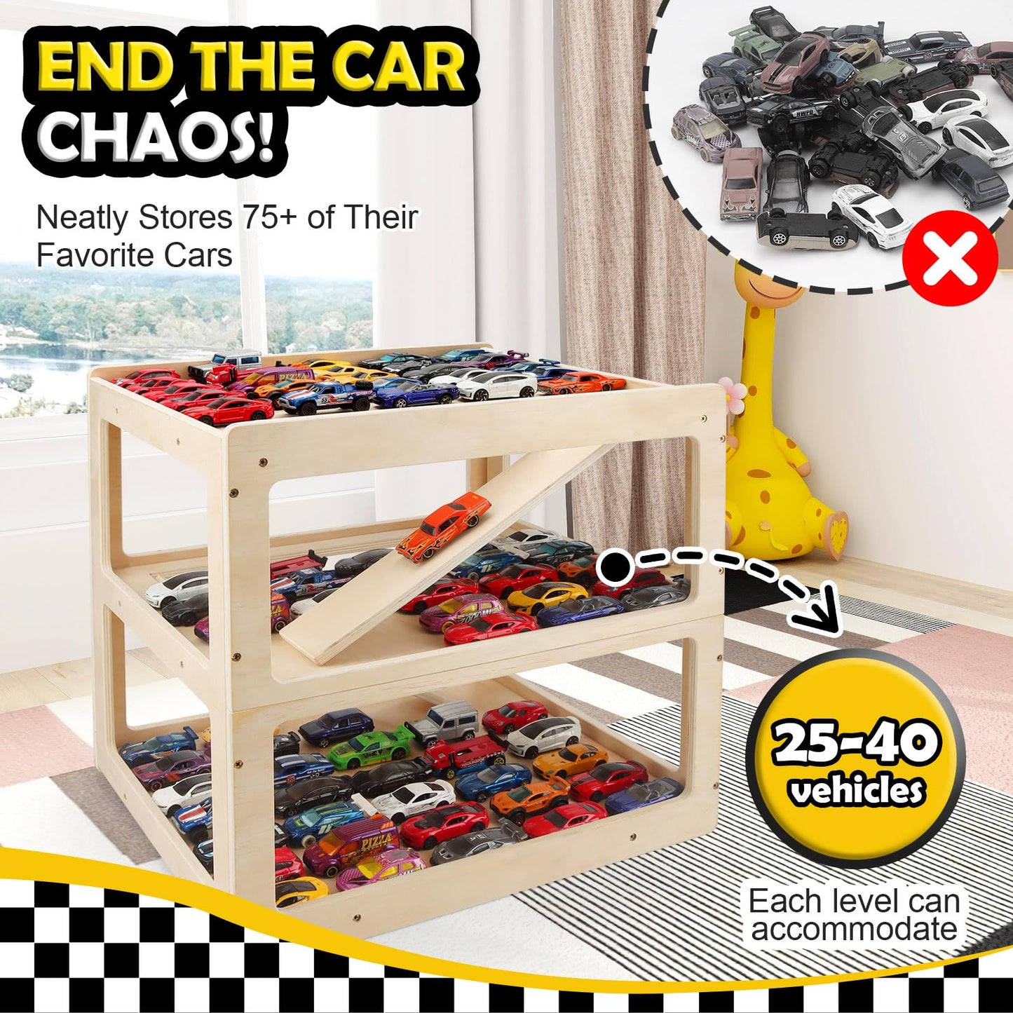 RZYLKA 3-Tier Wooden Display Case for Hot Wheels, Matchbox & 1/64 Diecast Cars