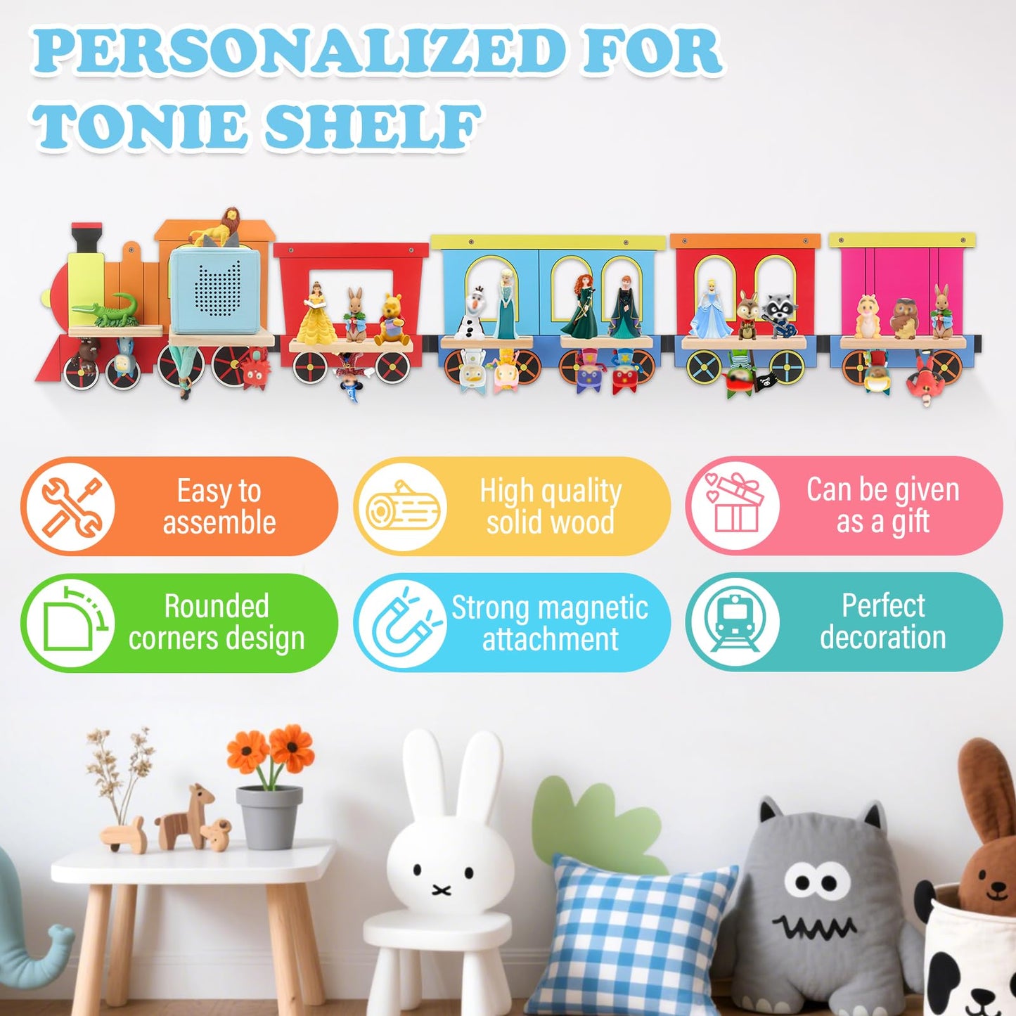 RZYLKA Five-Car Magnetic Tonies Shelf – Wall-Mounted Organizer for Toniebox