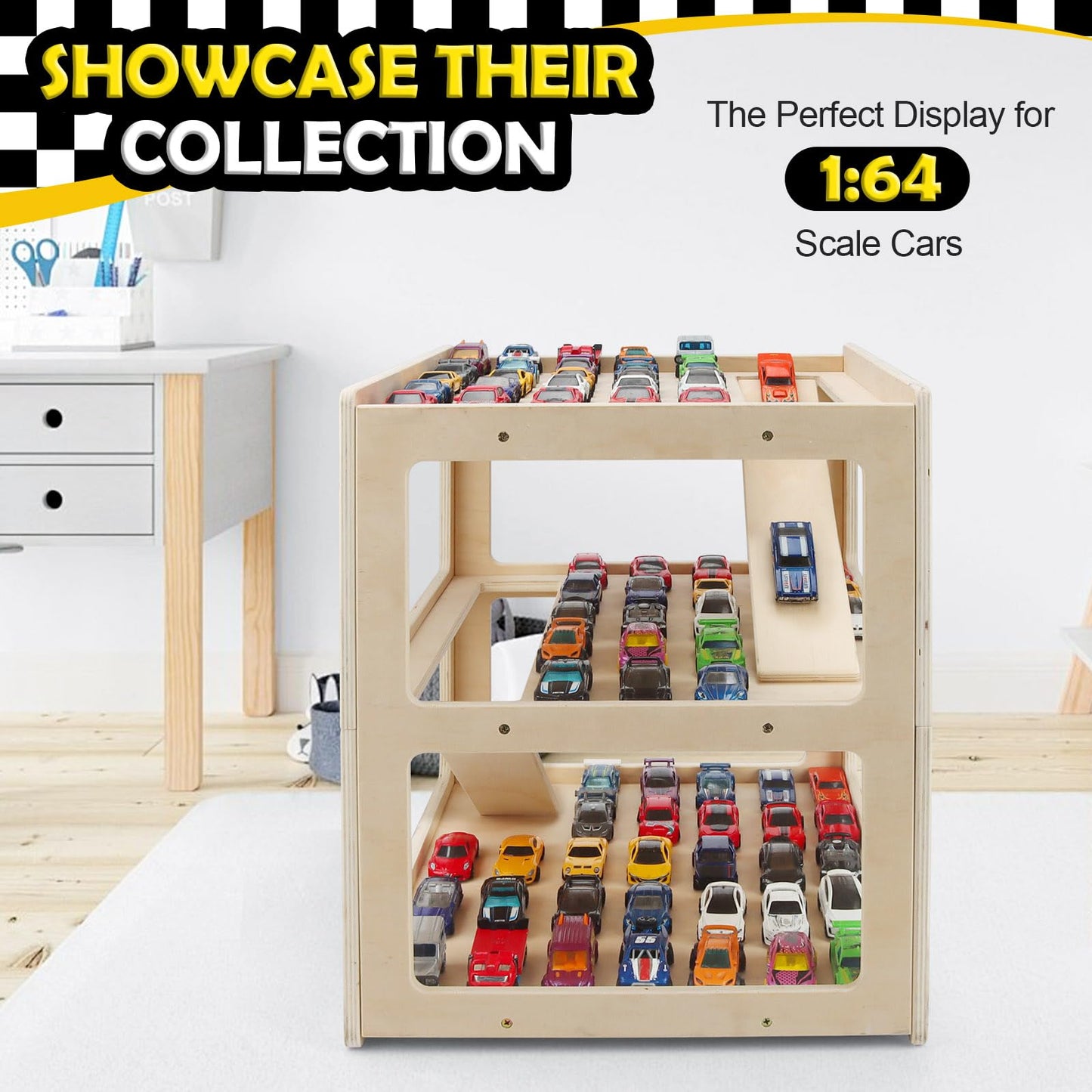 RZYLKA 3-Tier Wooden Display Case for Hot Wheels, Matchbox & 1/64 Diecast Cars