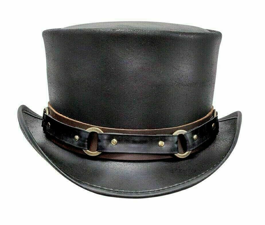 Custom made 5" Steampunk Deadman Top Hat , El Dorado Classic Ring Band Biker Leather Top Hat