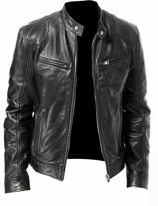 Mens Vintage Biker Cafe Racer Retro Black Motorcycle Slim Fit Genuine Cowhide Leather