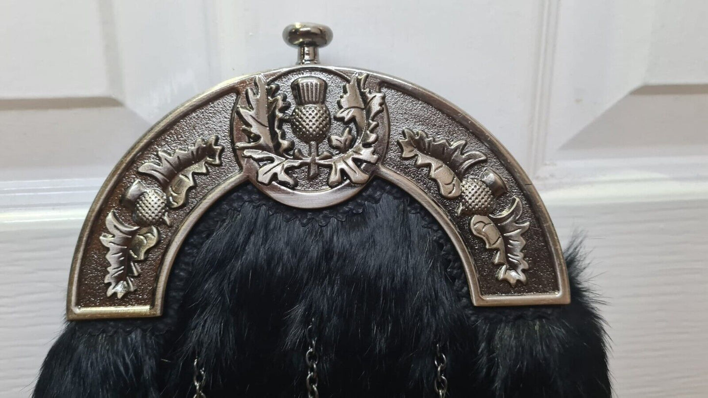 Black Rabbit Fur Full Dress Sporran Thistle Cantle, Antique Finish Fur Sporran 3 T