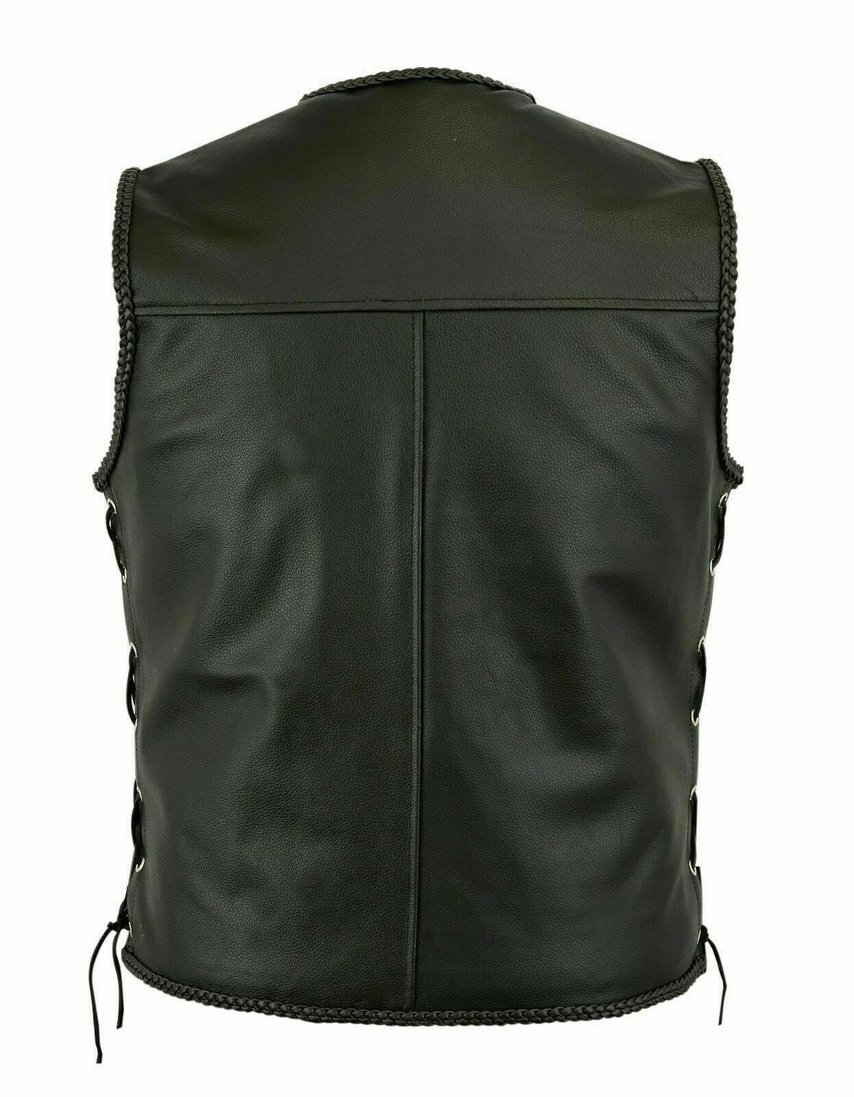 Men Genuine Leather Black Fish Hook Buckle Side Lace Motorcycle Vest - Waistcoat