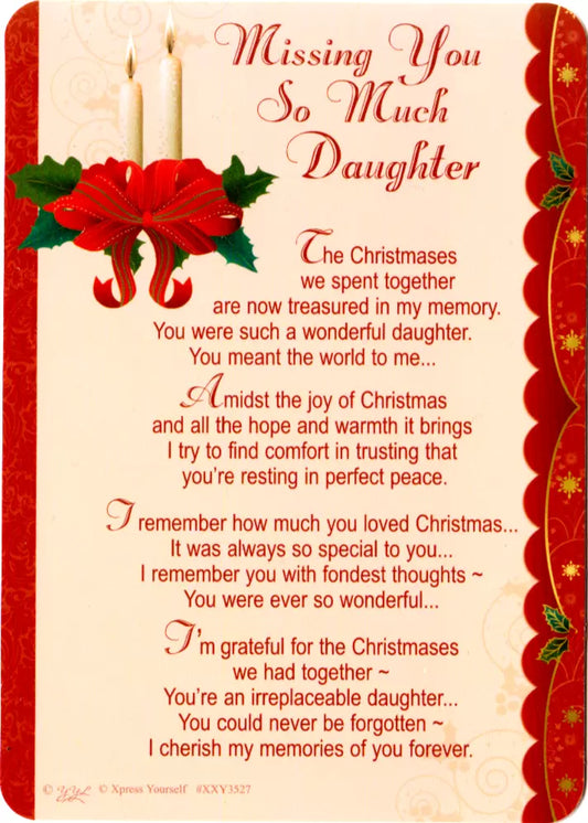 Missing you DAUGHTER Christmas memorial grave graveside card + holder / stand