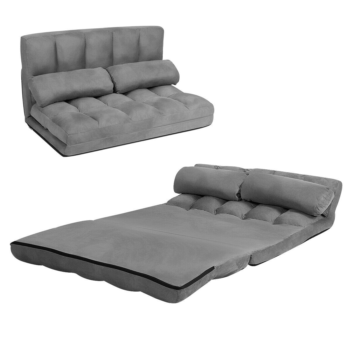2 in 1 Folding Floor Lazy Sofa Bed with 6 Adjustable Seat Positions and 2 Pillows-Beige