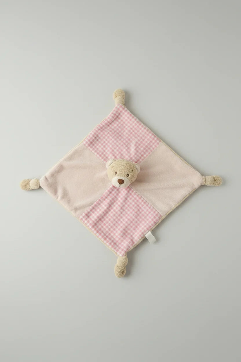 Keel Toys Pink Gingham Teddy Bear Knotted Rattling Comforter Blanket Soft Toy