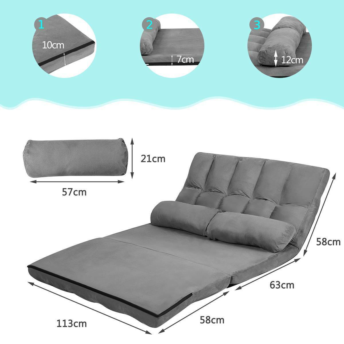 2 in 1 Folding Floor Lazy Sofa Bed with 6 Adjustable Seat Positions and 2 Pillows-Beige