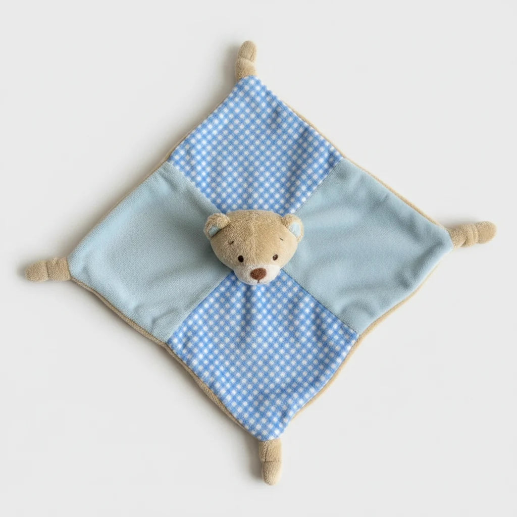 Keel Toys blue Gingham Teddy Bear Knotted Rattling Comforter Blanket Soft Toy