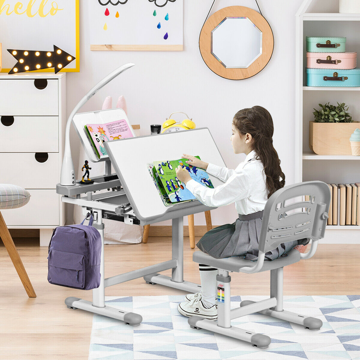 Height Adjustable Kids Study Desk Table Chair Set with Lamp-Blue