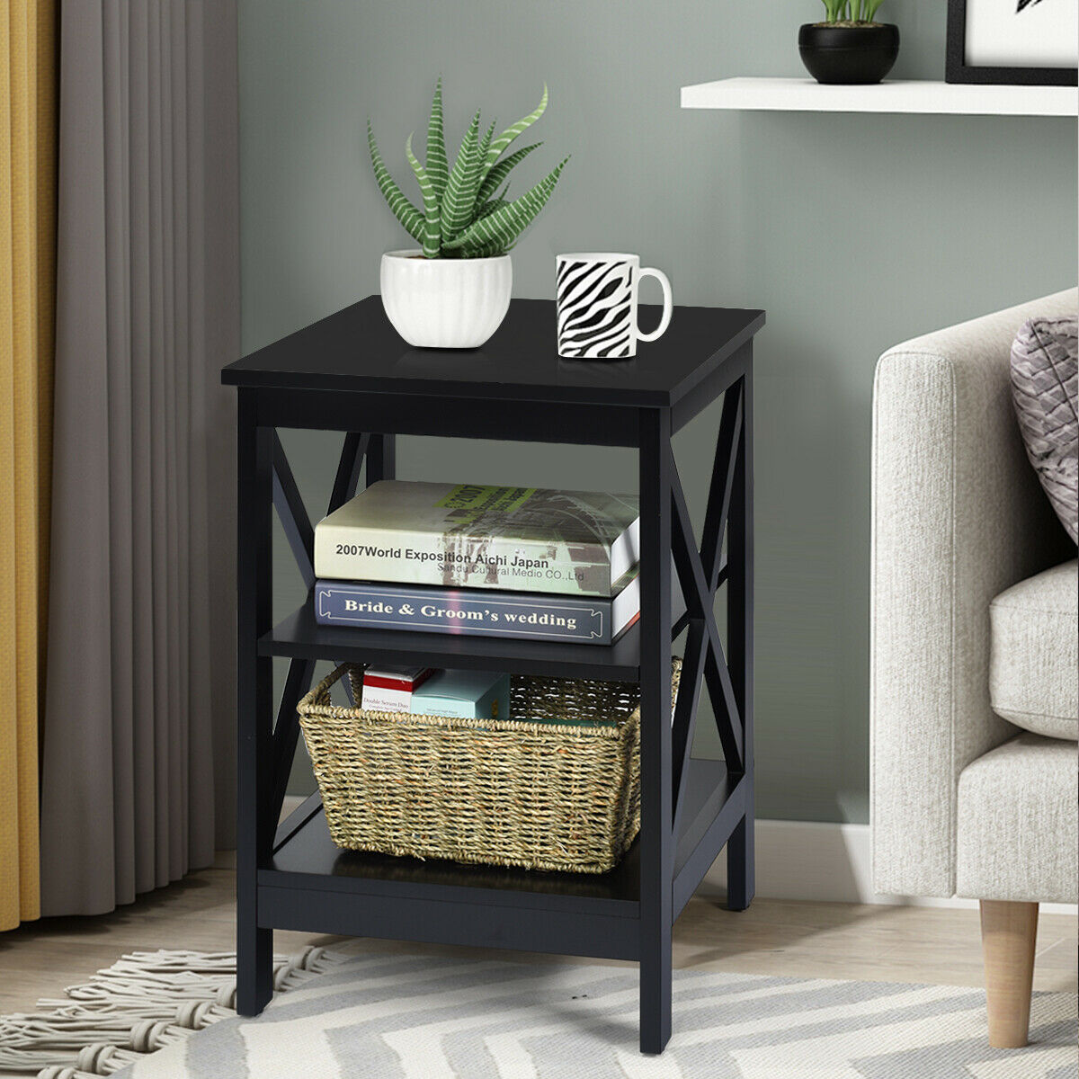 3-Tier Wooden Side table / Bedside Table -Grey