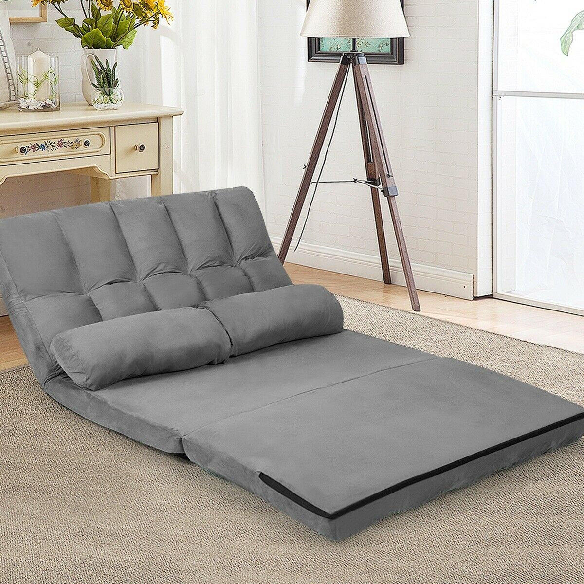 2 in 1 Folding Floor Lazy Sofa Bed with 6 Adjustable Seat Positions and 2 Pillows-Beige