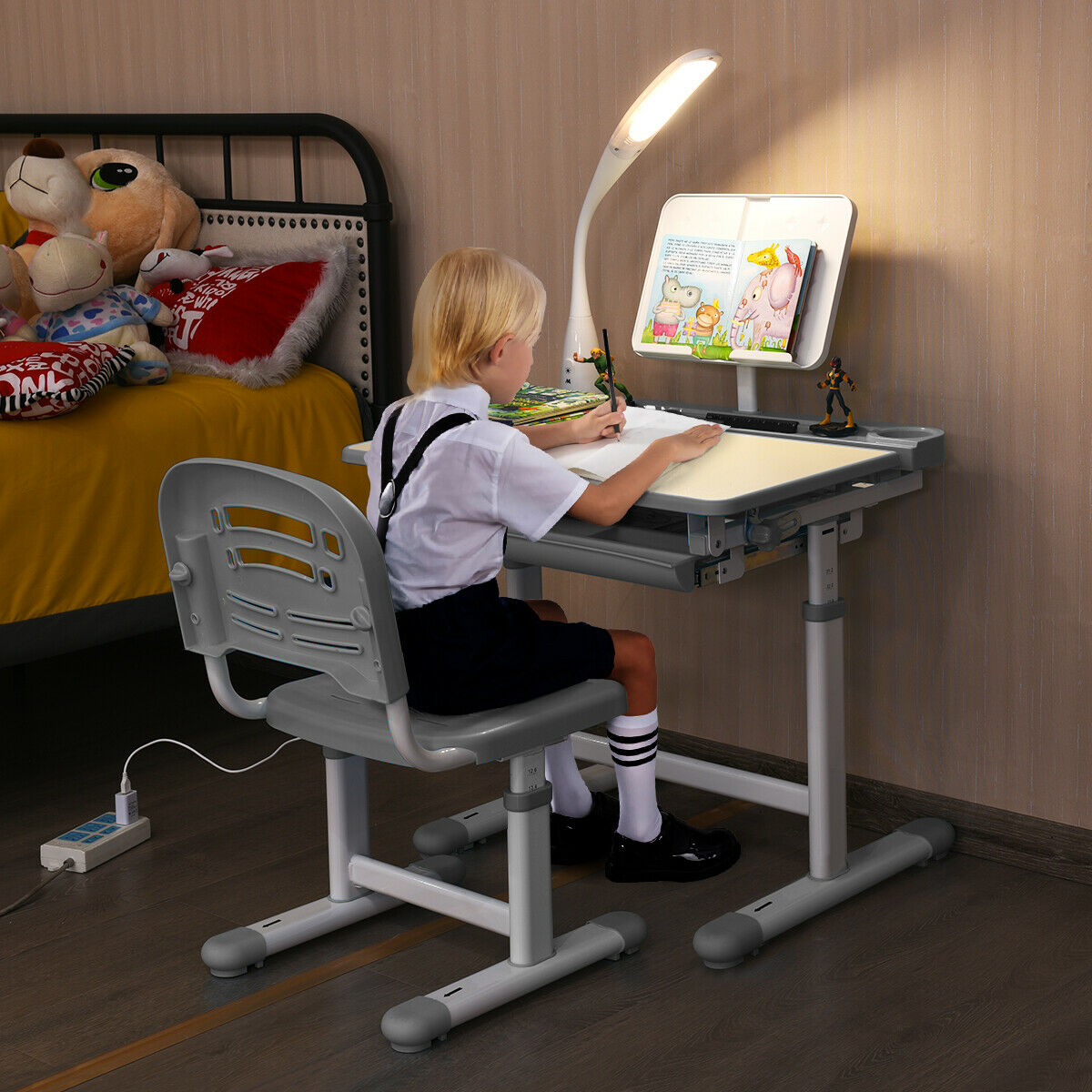 Height Adjustable Kids Study Desk Table Chair Set with Lamp-Blue