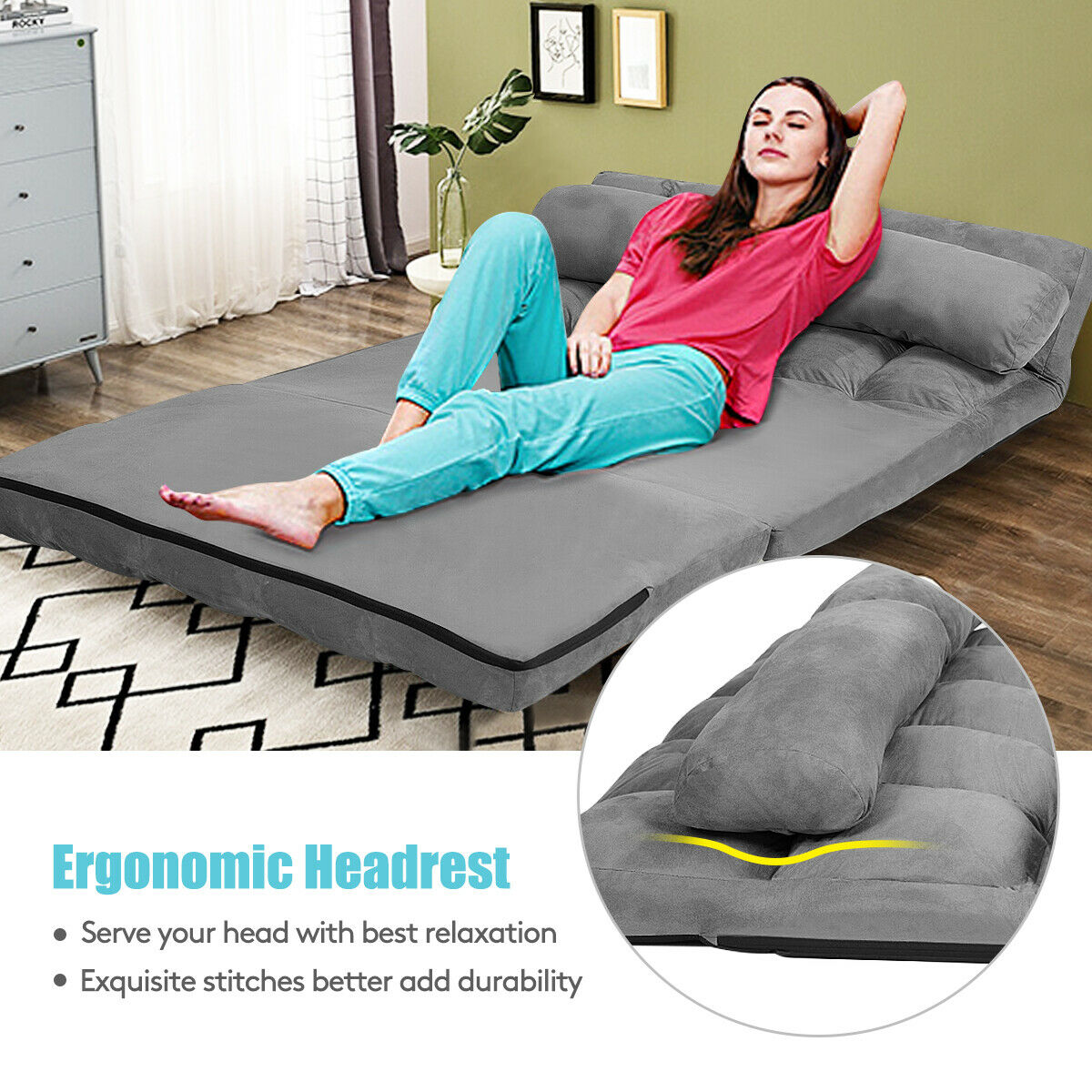 2 in 1 Folding Floor Lazy Sofa Bed with 6 Adjustable Seat Positions and 2 Pillows-Beige