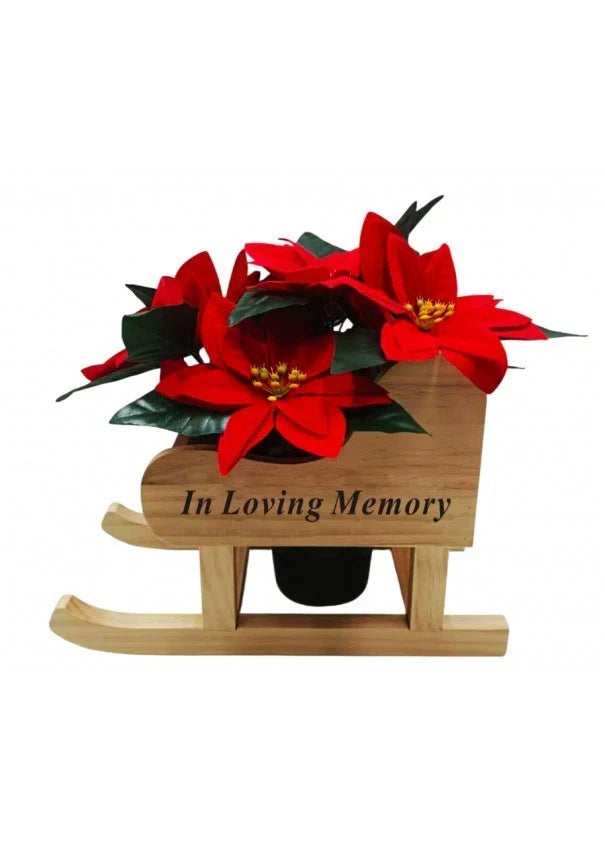 Christmas Memorial Wooden Sleigh WITH Red Poinsettia Grave Pot Included  in loving memory