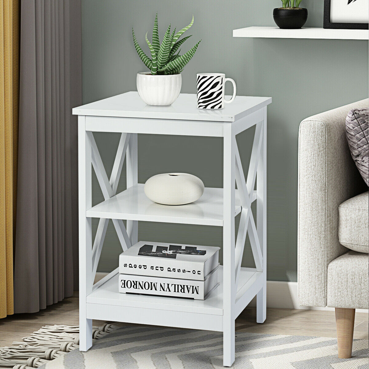 3-Tier Wooden Side table / Bedside Table -Grey