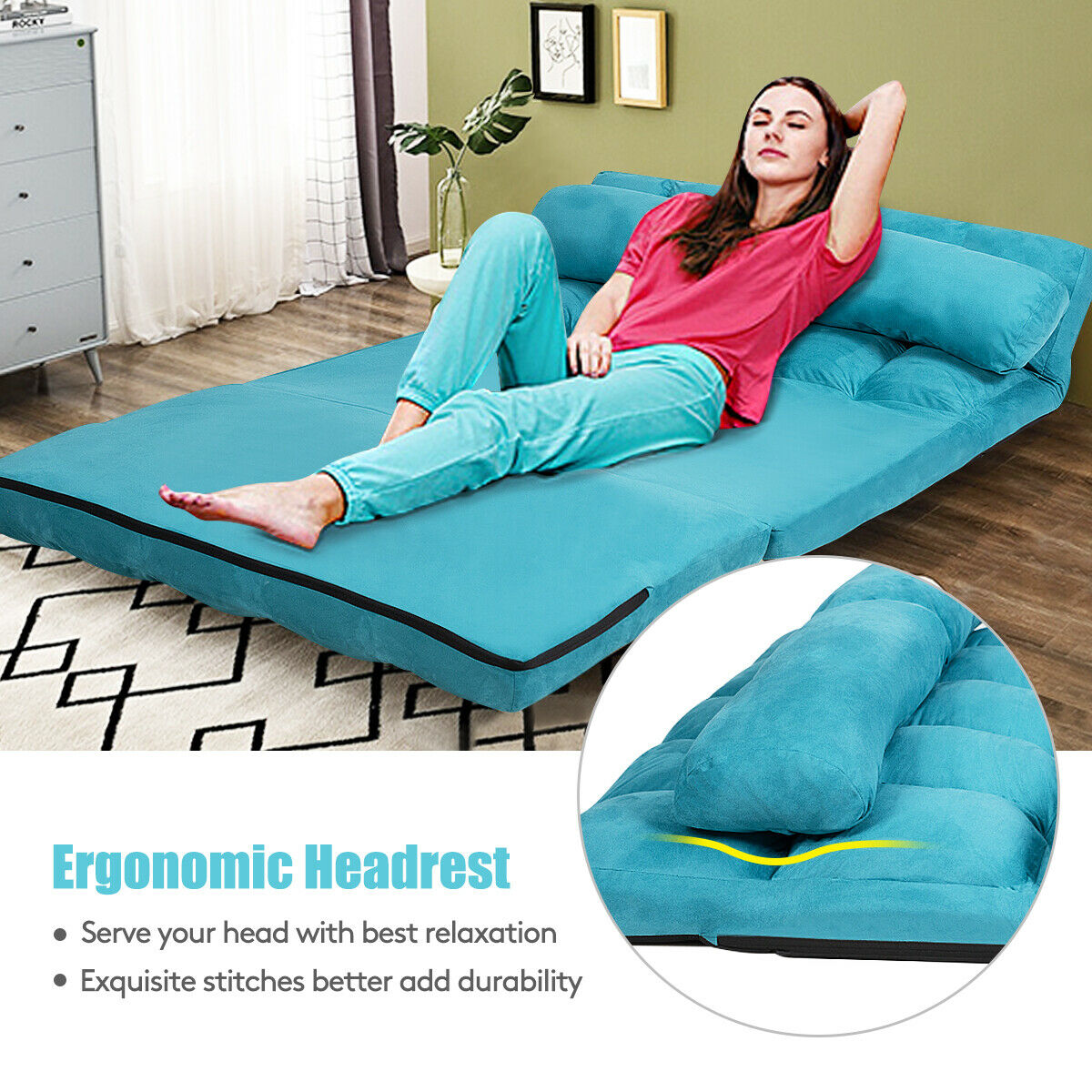 2 in 1 Folding Floor Lazy Sofa Bed with 6 Adjustable Seat Positions and 2 Pillows-Beige