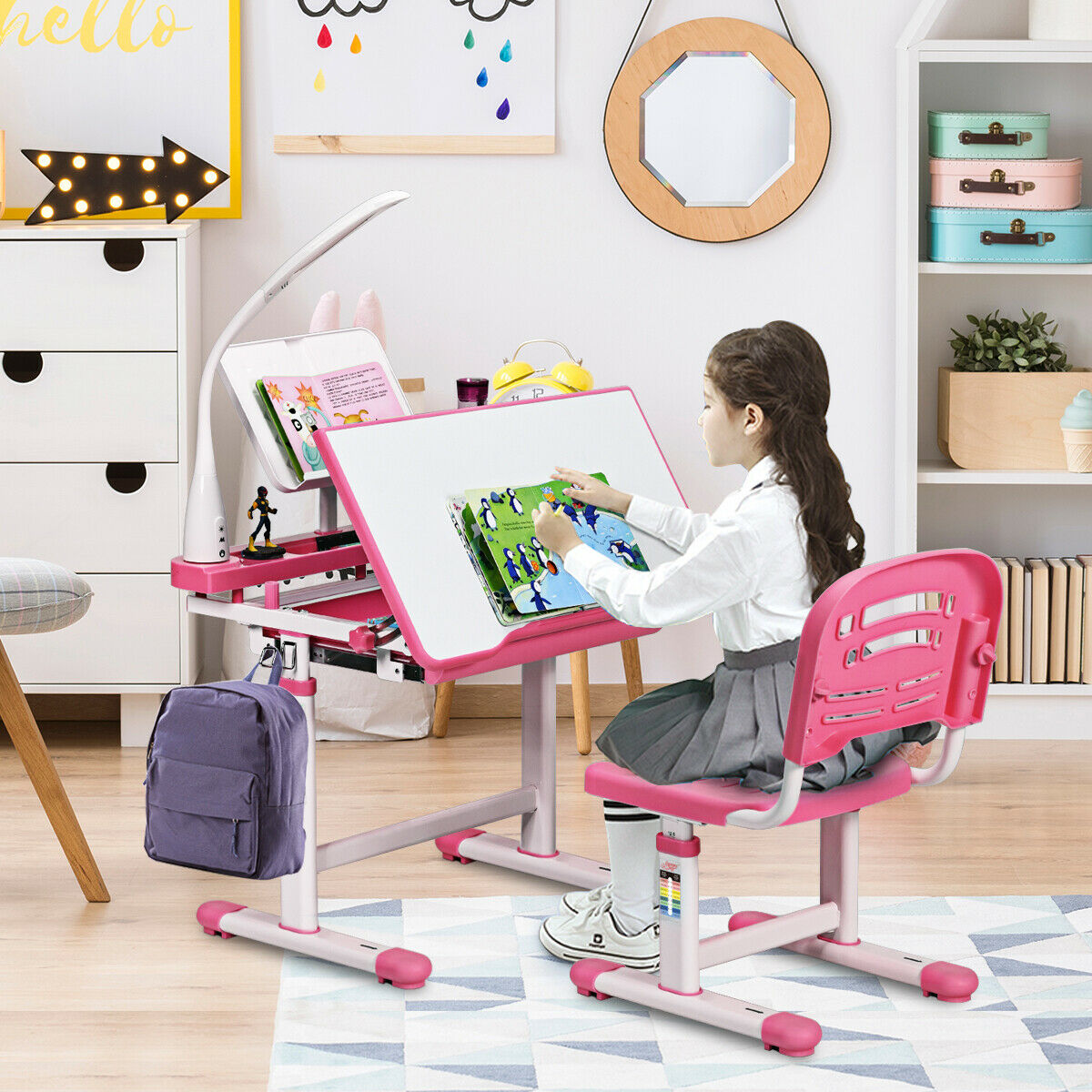 Height Adjustable Kids Study Desk Table Chair Set with Lamp-Blue