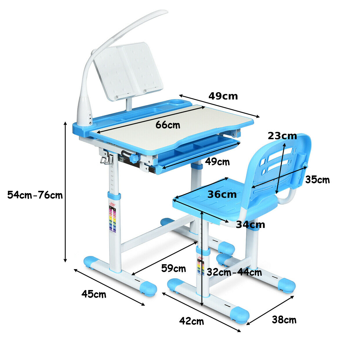 Height Adjustable Kids Study Desk Table Chair Set with Lamp-Blue