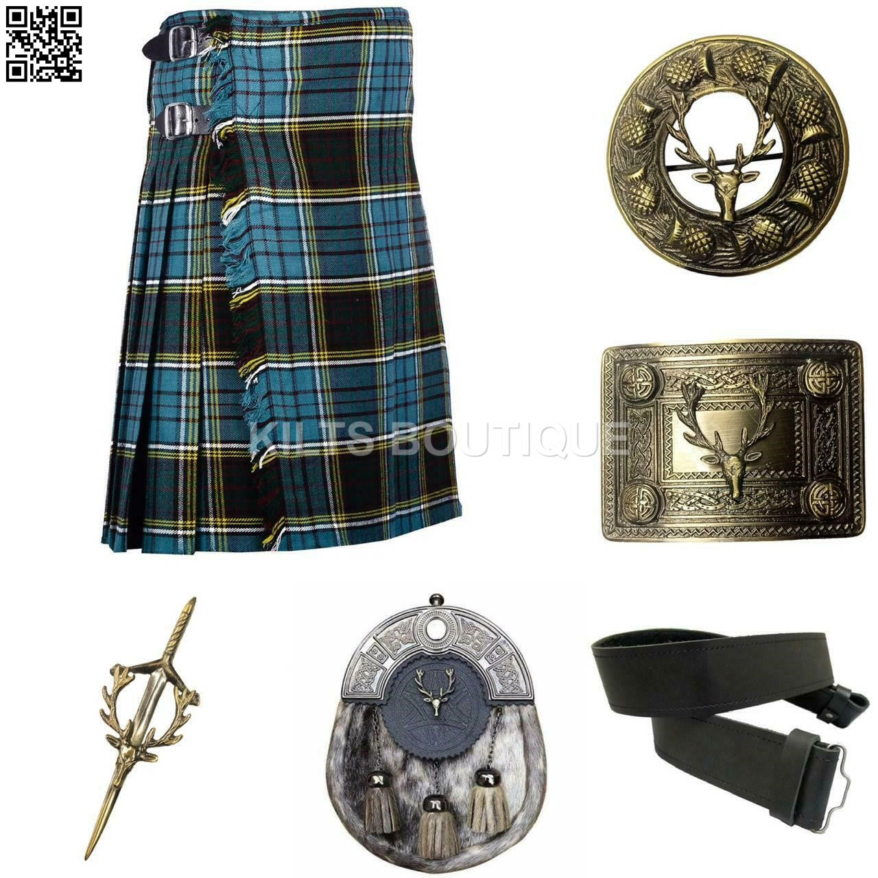 Scottish Men Tartan Kilt Set With Antique Sporran Buckle Pin Kilt Belt