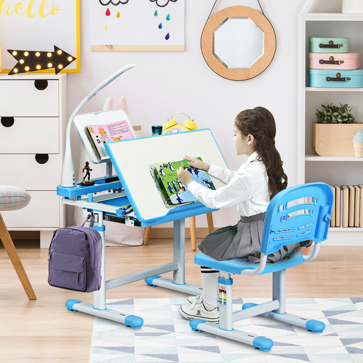 Height Adjustable Kids Study Desk Table Chair Set with Lamp-Blue