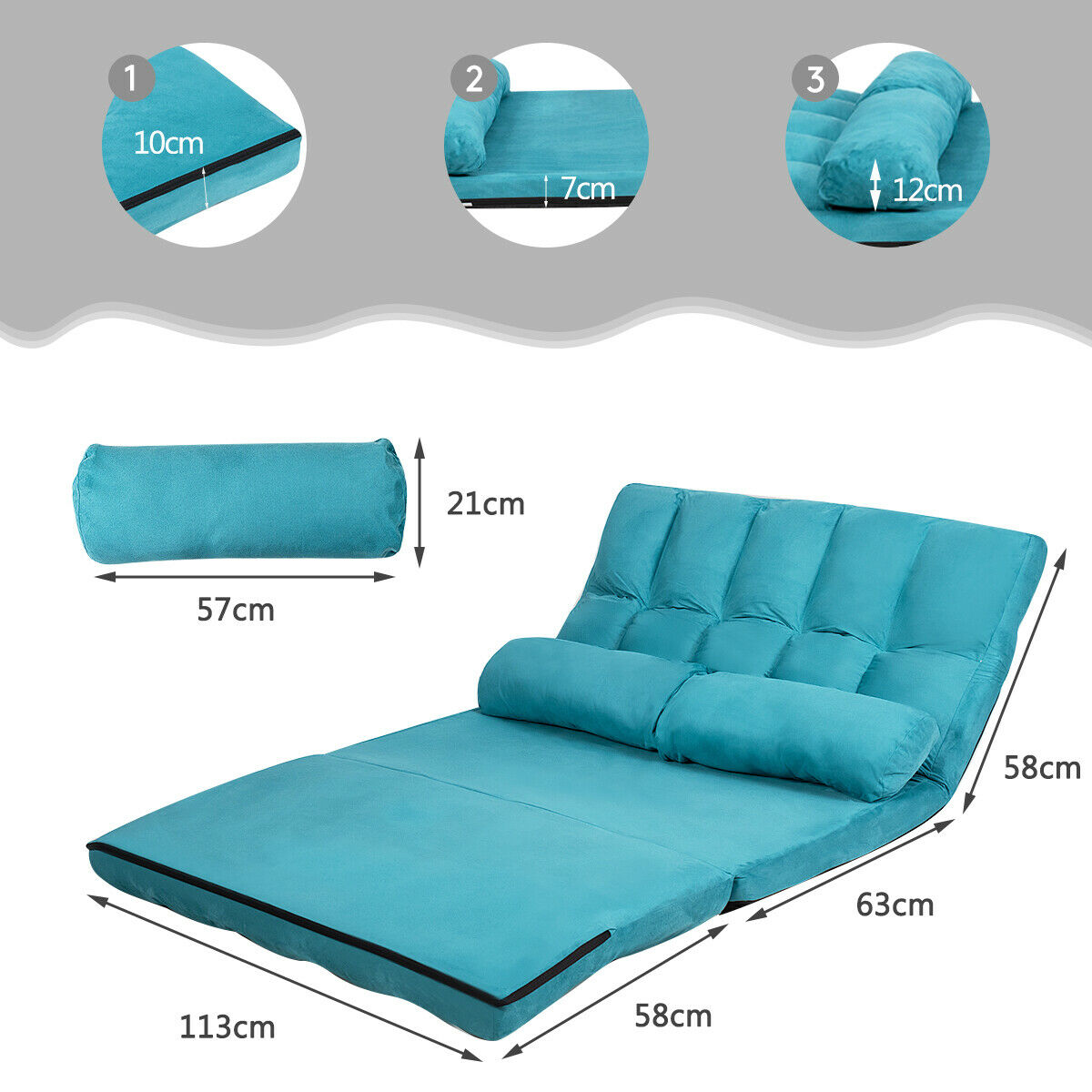 2 in 1 Folding Floor Lazy Sofa Bed with 6 Adjustable Seat Positions and 2 Pillows-Beige