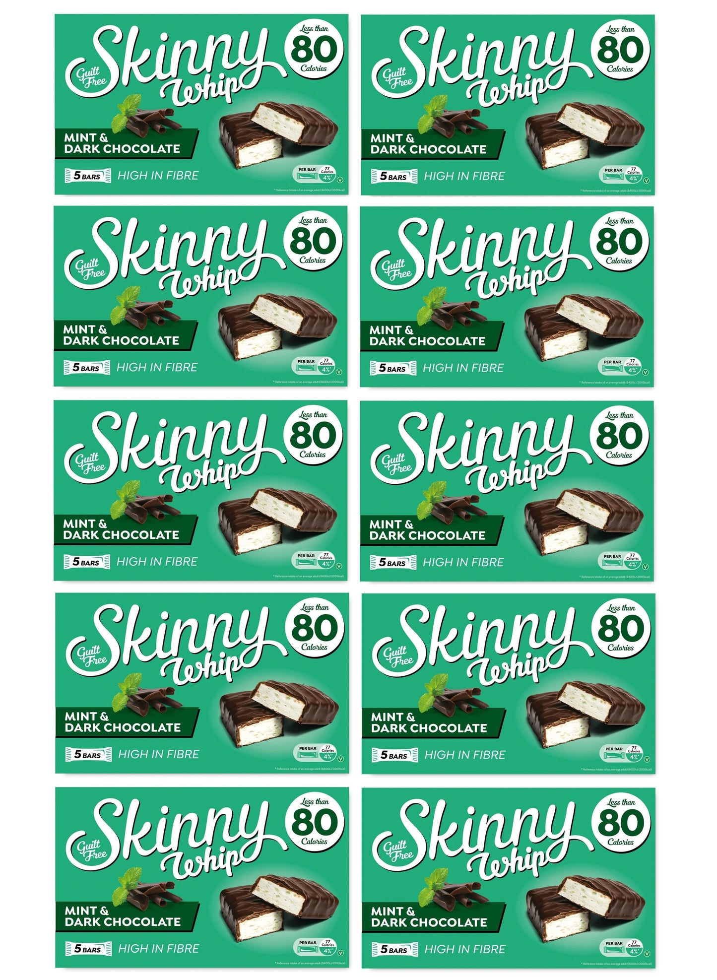 10 x Skinny Whip Mint & Dark Choc Snack Bars 5 Pk 5X25Gm