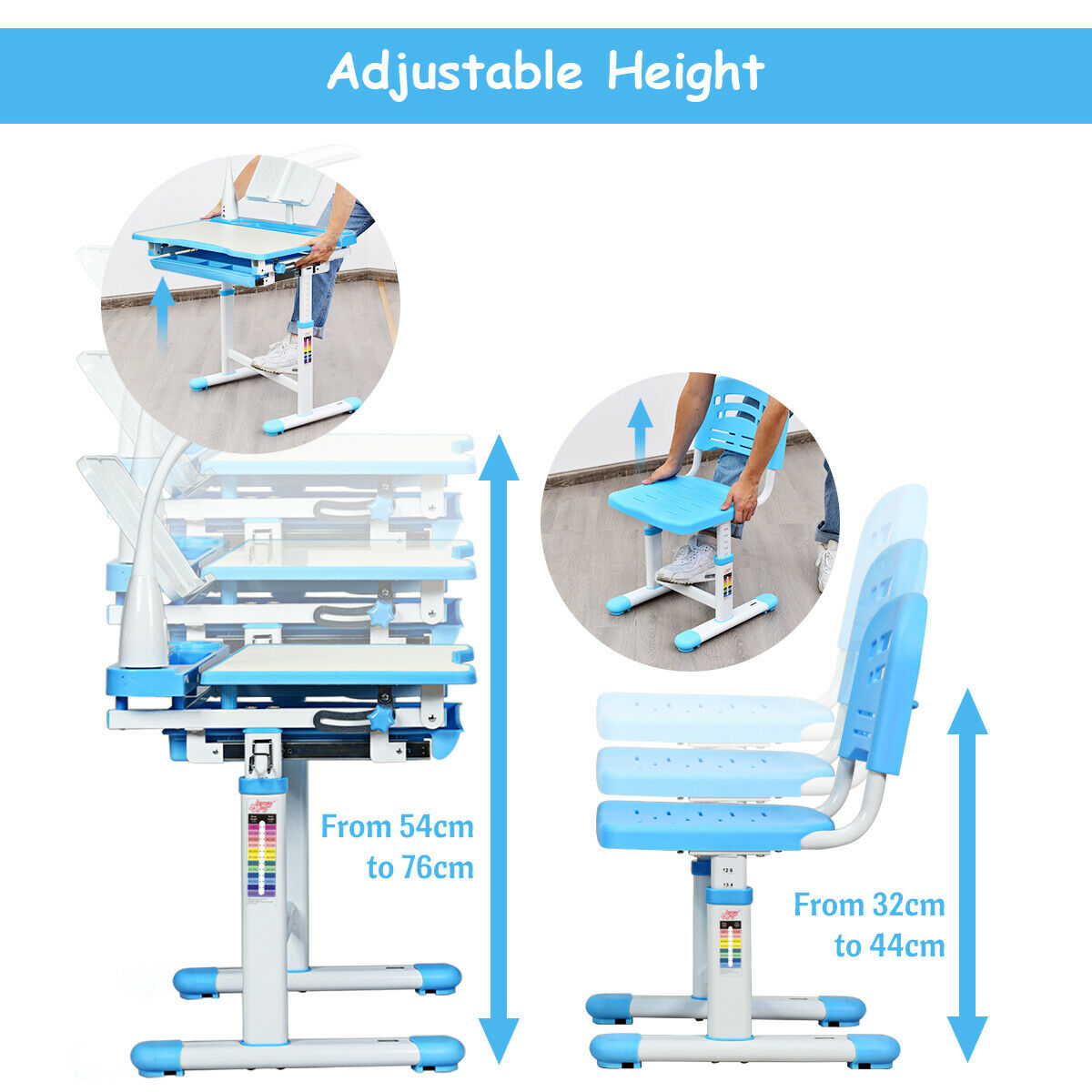 Height Adjustable Kids Study Desk Table Chair Set with Lamp-Blue