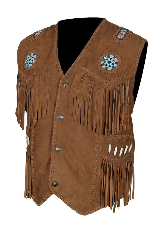 Men Western Wear Suede Leather beaded Vest Fringe bones