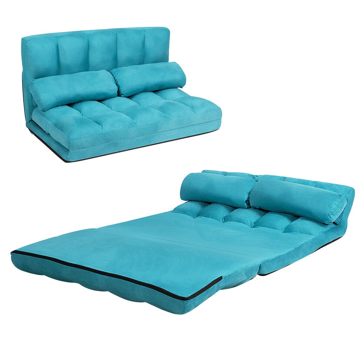 2 in 1 Folding Floor Lazy Sofa Bed with 6 Adjustable Seat Positions and 2 Pillows-Beige