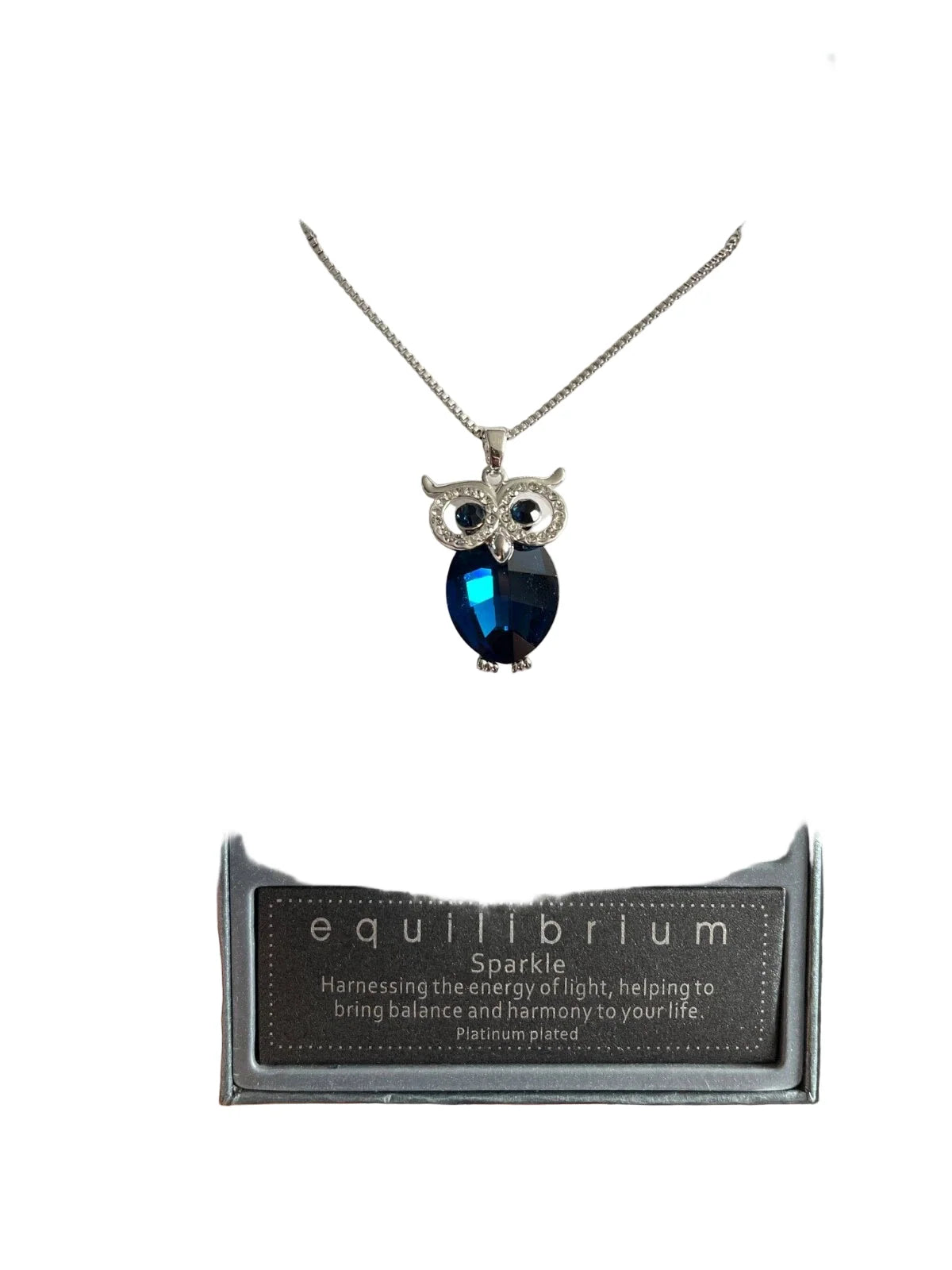 Equilibrium jewellery owl, silver pendant with blue jewel