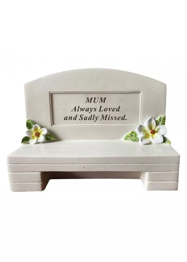 MEMORIAL MUM BENCH WITH FLOWERS + VERSE PLAQUE FUNERAL GRAVESIDE KEEPSAKE