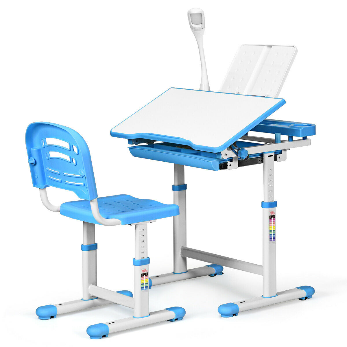 Height Adjustable Kids Study Desk Table Chair Set with Lamp-Blue