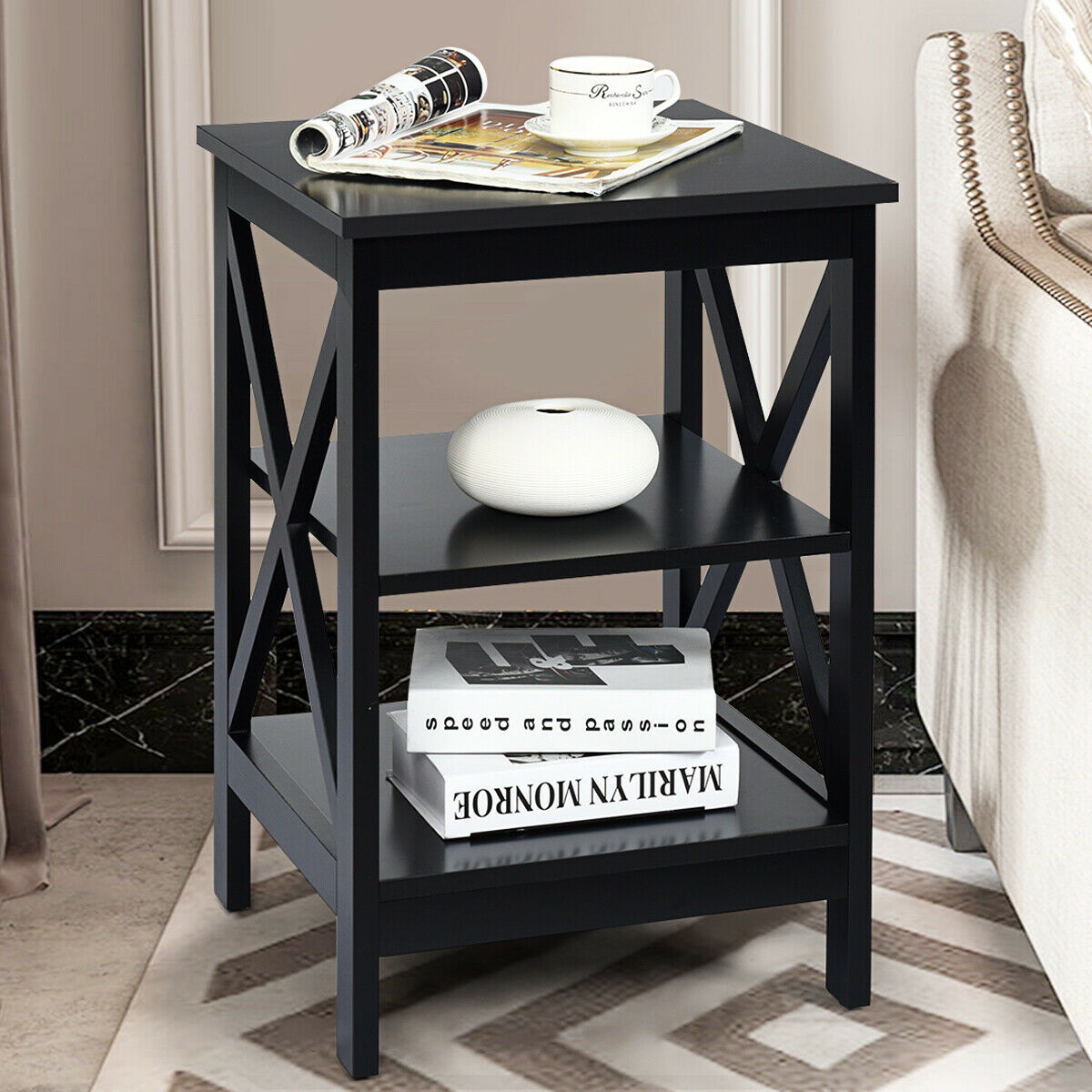 3-Tier Wooden Side table / Bedside Table -Grey