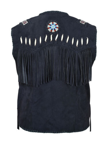 Men Western Wear Suede Leather beaded Vest Fringe bones