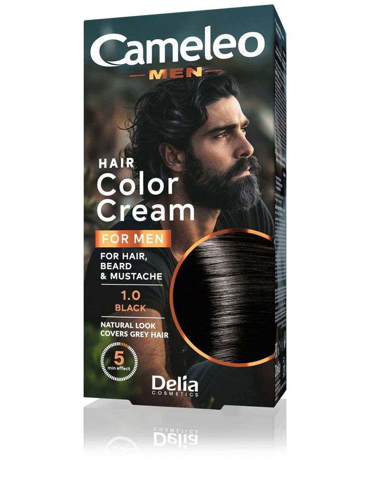 Cameleo Men Hair Color Cream 1.0 Black – Ammonia-Free Grey Coverage for Hair, Beard & Moustache