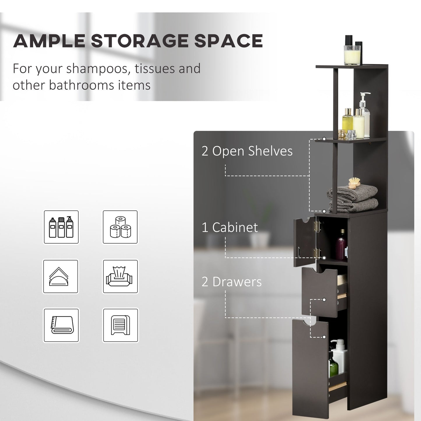 HOMCOM Tall Bathroom Storage Cabinet with Shelf and Drawers, Brown