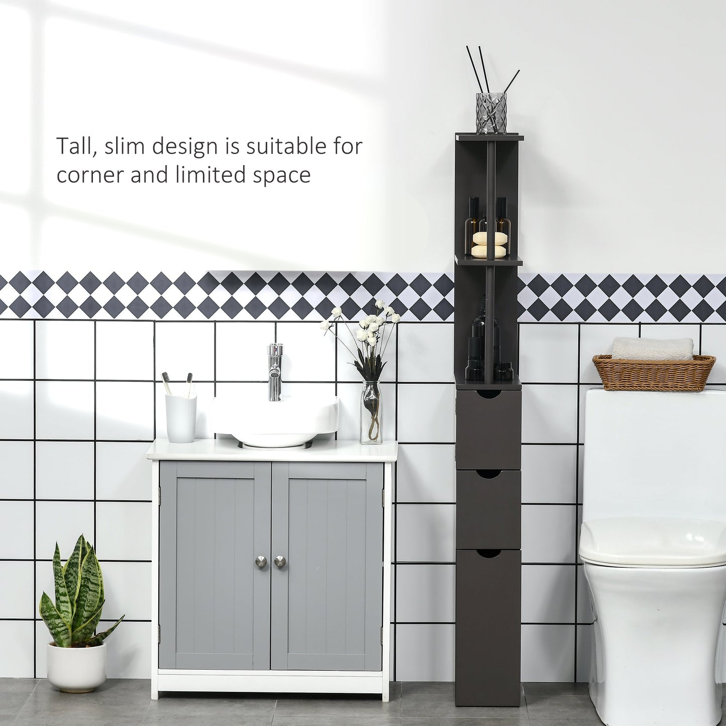 HOMCOM Tall Bathroom Storage Cabinet with Shelf and Drawers, Brown