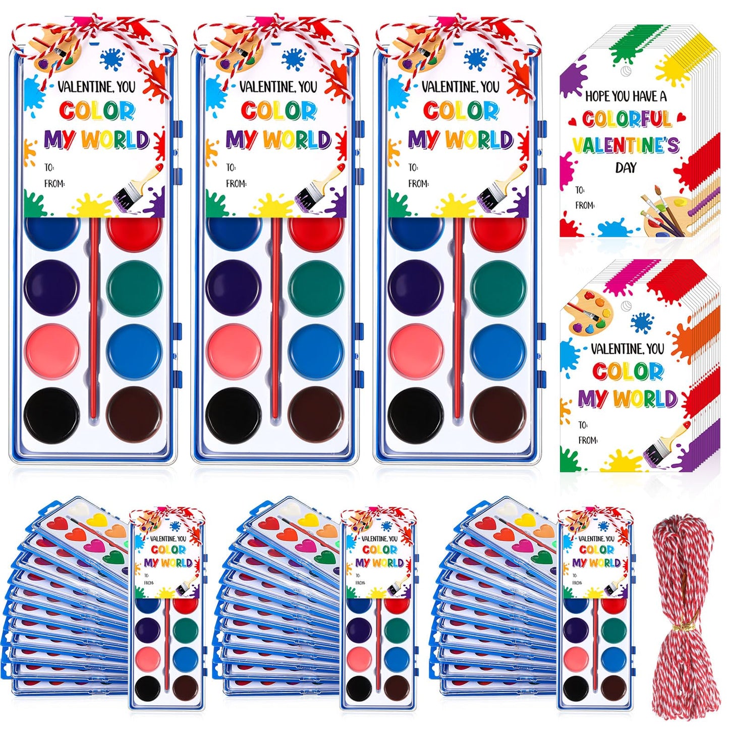 Sabary 18-Pack Valentine Watercolor Set with Gift Cards & 20m Rope | Washable Art Supplies