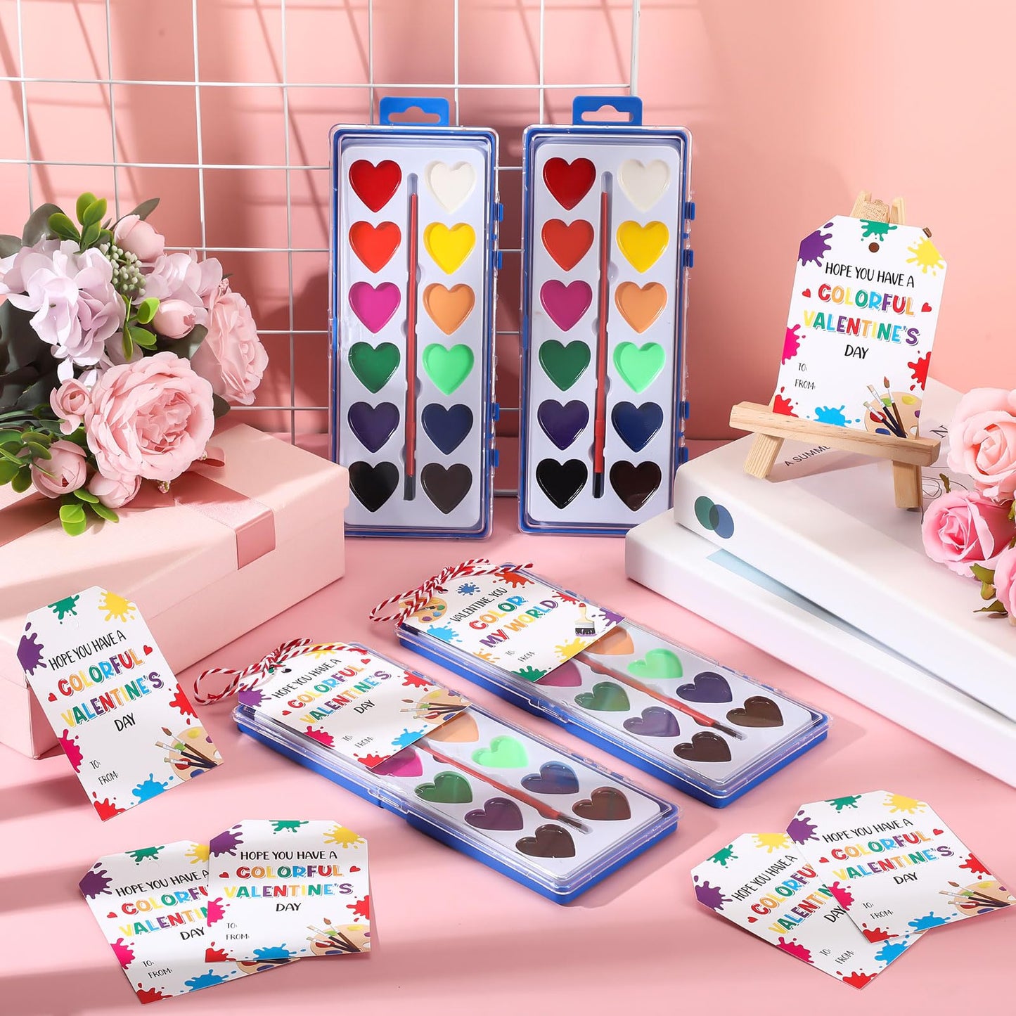 Sabary 50-Pack Valentines Day Watercolor Paint Set with Cards and Rope