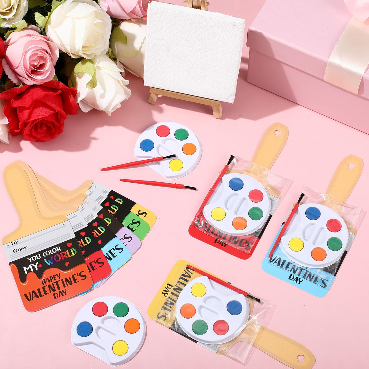 Sabary 24 Pack Valentine Card Set + Watercolor Paint Bulk – Paint Brush Valentines & Gift Favors