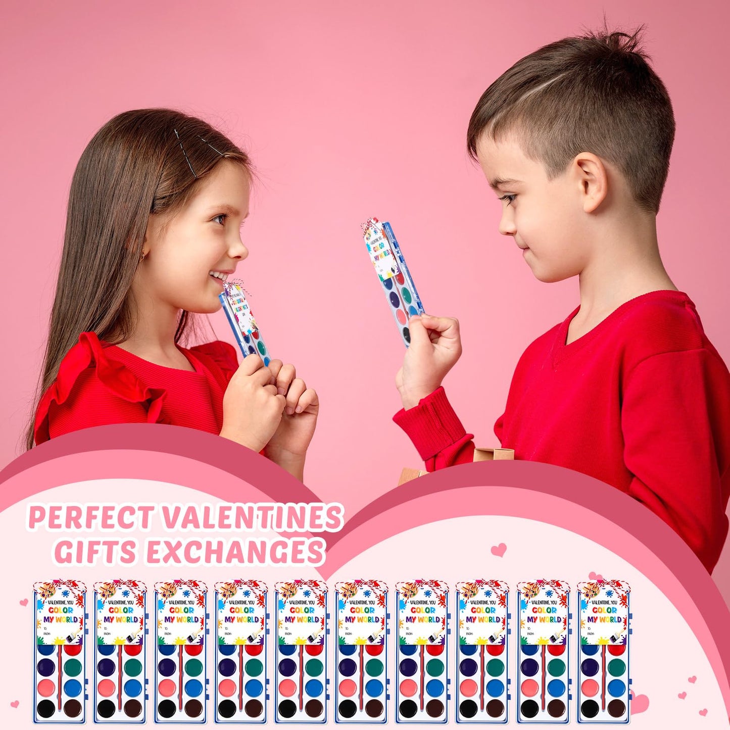 Sabary 24-Pack Valentine Watercolor Paint Sets — Washable, Gift Cards & 20m Rope for Classroom Exchanges