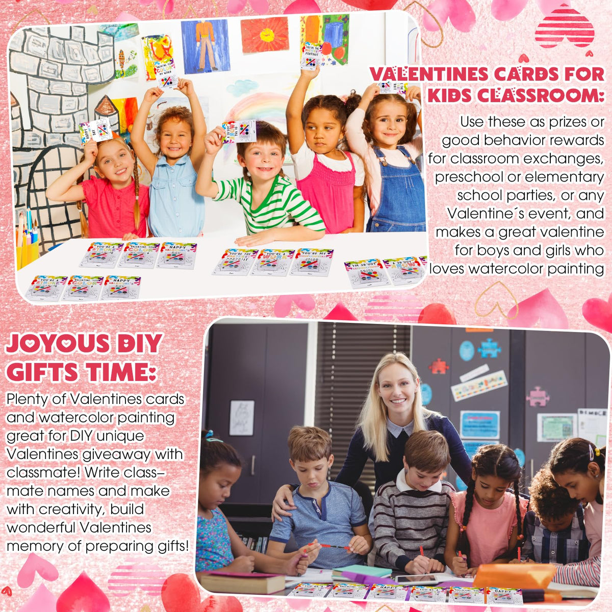 Sabary 30-Pack Valentines Watercolor Paint Set with Gift Cards for Class Exchanges & Party Favors