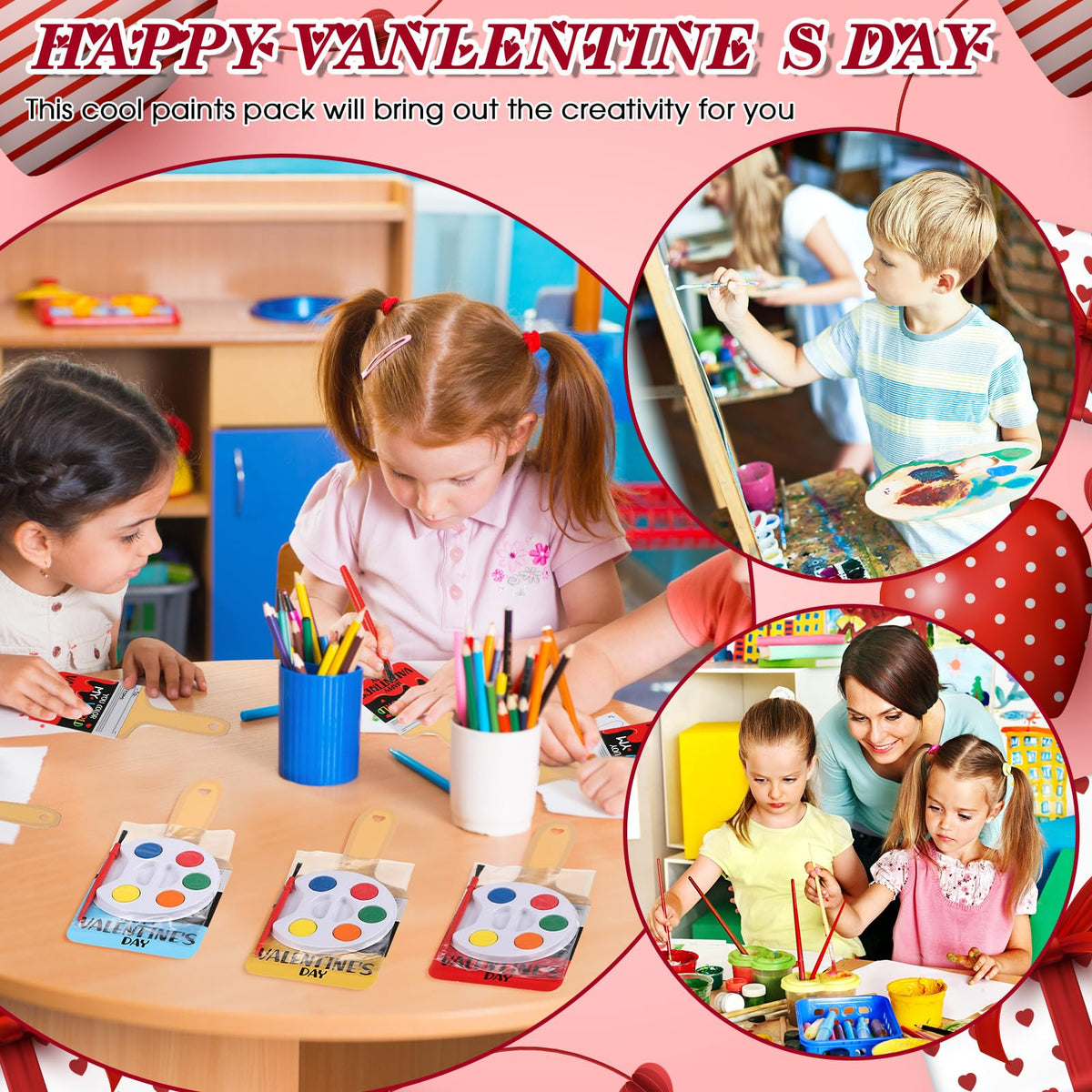 Sabary 24 Pack Valentine Card Set + Watercolor Paint Bulk – Paint Brush Valentines & Gift Favors